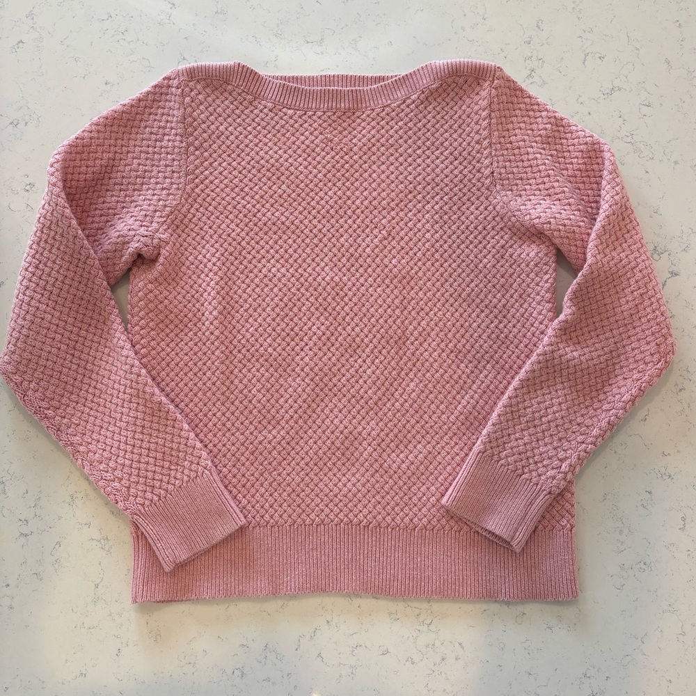 LL Bean 100% Cotton Basketweave Textured Knit Boatneck Sweater Pink Medium